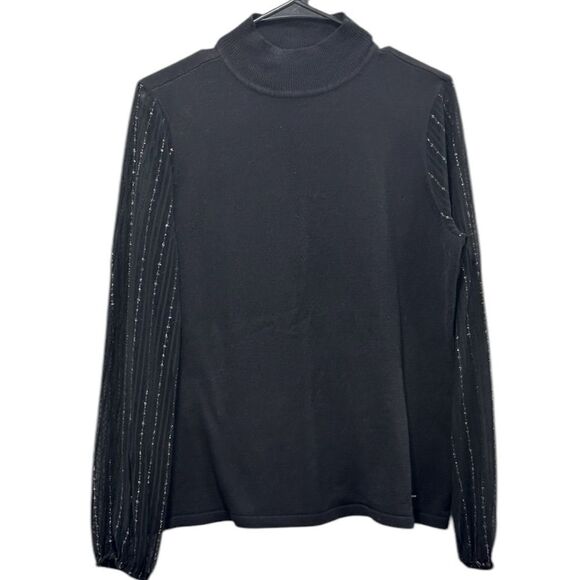 Anne Klein Sweaters - ANNE KLEIN Mock High Neck Mesh Metallic Sheer Sleeves Black Viscose Sweater M